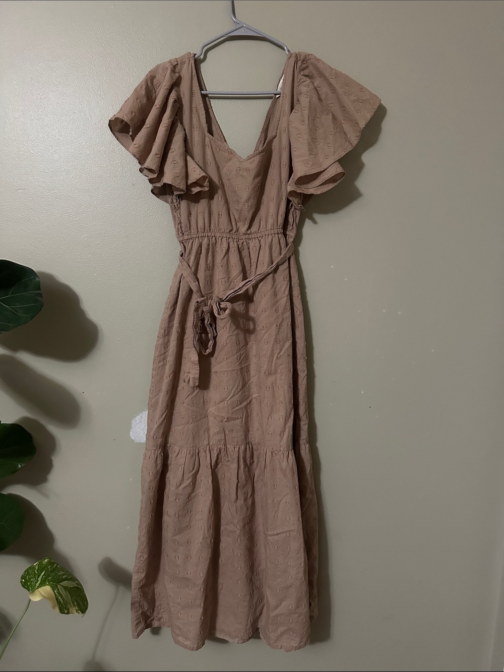 Sleeveless Taupe Midi Dress with Flutter Sleeves and Tie Waist